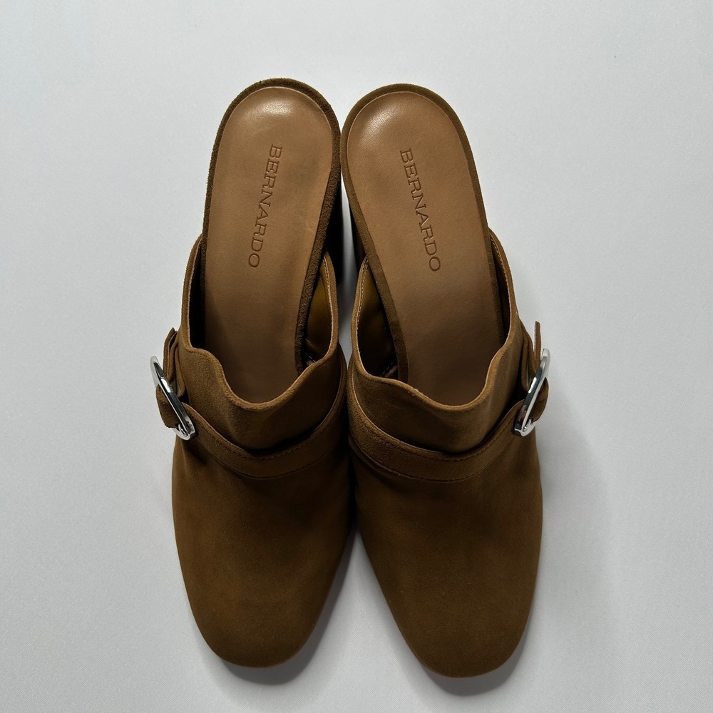 Bernardo Women's Mules Clogs Buckle Detail Block Heel Brown Leather Shoes - Picture 4 of 7